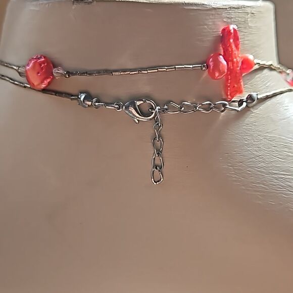 Long 40" Liquid Silver, Crystal and Pearlized Shell Necklace - Coral Red - Picture 6 of 8